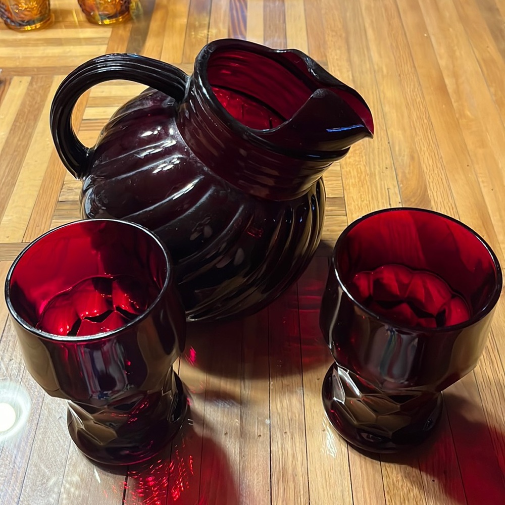 Vintage red ruby pitcher and 2 glasses